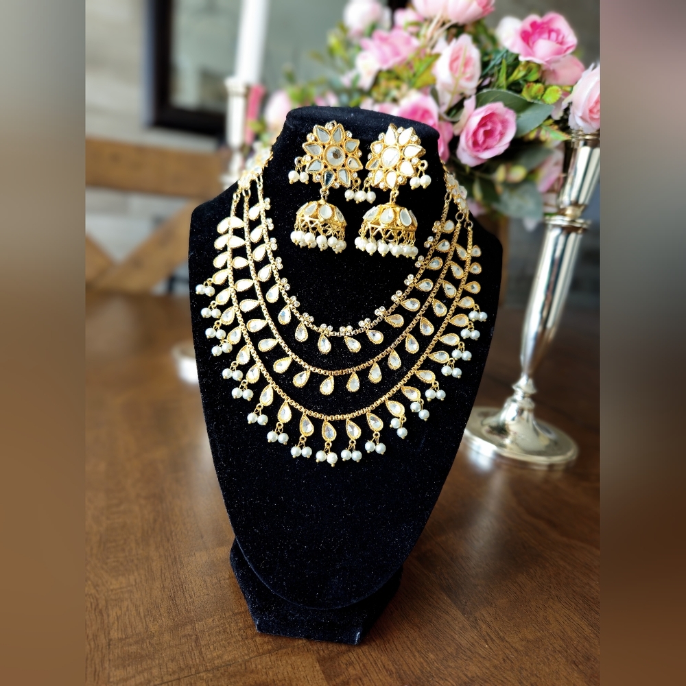 3 tier Kundan necklace Mala with jhumka set/ Indian jewellery/ pakistani jewelry - Picture 7 of 7
